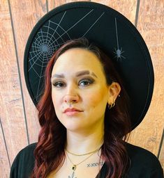 "Welcome to Witchwood's brand new XL wide brim hats! These hats have our biggest brim yet! They are made of sturdy vegan felt and are all hand printed.   Vegan Felt Size: 23\" (but size is adjustable and can be sized down, inside the hat) PLEASE NOTE: These hats have a bit more \"give\" to the circumference and can fit a slightly bigger size than our other wide brim hats Brim - 3.75\" wide Hat Color - Black Print Color - Charcoal" Hanging Spider, Goth Witch, Types Of Hats, Multiple Outfits, Wide Brim Hats, Hat Beret, Brim Hats, Felt Hat, Wide Brimmed Hats