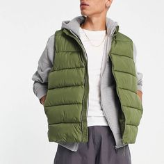 Never Used Oversize Puffer Vest In Green Size Xs. Casual Winter Vest With Pockets, Sporty Green Vest For Spring, Spring Puffer Vest For Streetwear, Casual Cold Weather Vest With Pockets, Green Winter Vest For Cold Weather, Green Winter Vest For Outdoor Activities, Sporty Winter Vest With Pockets, Casual Cotton Vest For Cold Weather, Casual Cotton Puffer Vest