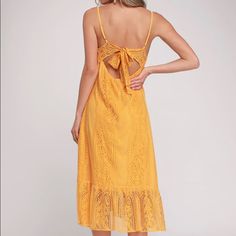 Take A Twirl On The Dance Floor In The Lulus Zahria Golden Yellow Lace Button Front Midi Dress! Intricate Stretch Lace (Atop Knit Lining) Shapes A V-Neckline And Darted Bodice, Supported By Adjustable Spaghetti Straps. Functional Covered Buttons Travel Down The Sheath Silhouette, All The Way To A Sheer, Ruffled Midi Hem. Cute Tie-Back Detail Adds A Flirty Touch Atop The Open Back Search Tags: Anthropologie Zara Ann Taylor Express Vs New W/Tags Golden Yellow 100% Nylon Dusty Purple Dress, Casual Dresses For Teens, Strapless Party Dress, Cute Casual Dresses, Backless Bodycon Dresses, Balloon Sleeve Dress, Lace Formal Dress, Cutout Maxi Dress, Black Dress Formal