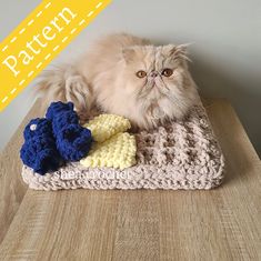 a fluffy cat laying on top of a crocheted blanket next to some toys