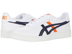 ASICS Tiger Japan S - Men's Shoes : White/Marigold Orange : Heritage style and classic sportiness meet with the ASICS Tiger Japan S sneakers. Casual shoes with leather uppers in a low-top silhouette. Perforated toe box and side panels for added airflow. Lace-up closure for a custom fit. Padded tongue and collar. Breathable textile lining. Padded footbed. Flexible rubber outsole. Imported. Measurements: Heel Height: 1 1 4 in Weight: 14.4 oz Platform Height: 3 4 in Product measurements were taken Sports Basketball Shoes With Contrast Sole, Sporty Lace-up Basketball Shoes With Vulcanized Sole, Custom High-top Sneakers With Perforated Toe Box, Low-top Sneakers With Perforated Toe Box For Streetwear, Modern Low-top Basketball Shoes With Rubber Sole, Sports High-top Sneakers With Perforated Toe Box, Low-top Basketball Shoes With White Rubber Sole, Dynamic Low-top Custom Sneakers, Dynamic Lace-up Sneakers With Contrast Sole