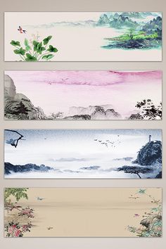 three banners with watercolor paintings on them