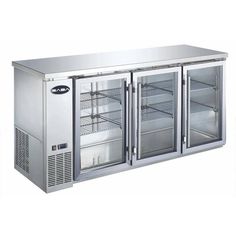 two glass door refrigerators sitting next to each other in front of a white background