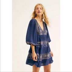 Nwt Free People My Love Mini Dress Boho Peasant Sleeve Navy Blue Deep V-Neck Floral Free People Blue V-Neck Bohemian Long Sleeve Dress, Extra Small Casual V-neck Peasant Dress For Spring, Indigo V-neck Summer Dress, Blue V-neck Boho Dress For Spring, Blue Boho Print V-neck Dress, Casual V-neck Peasant Dress For Summer, Blue V-neck Boho Dress For Brunch, Flowy V-neck Peasant Dress, Flowy V-neck Peasant Boho Dress, Spring Casual V-neck Peasant Dress