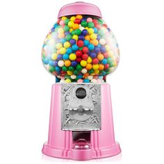 a pink gummy machine filled with lots of colorful candies on top of it