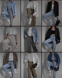 nine pictures of different types of women's jeans and jackets, all in various colors