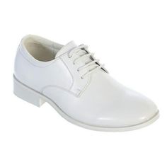 Avery Hill patent leather formal event shoes with raised heal and rounded toe. Size: 2 M US Little Kid.  Color: White.  Gender: male.  Age Group: kids. White Round Toe Oxfords For Formal Occasions, White Round Toe Dress Shoes For Office, White Plain Toe Office Dress Shoes, White Plain Toe Oxfords For Formal Occasions, White Almond Toe Dress Shoes For Formal Occasions, Formal White Almond Toe Dress Shoes, Classic White Formal Oxfords, White Round Toe Dress Shoes For Derby, White Plain Toe Leather Shoes For Formal Occasions