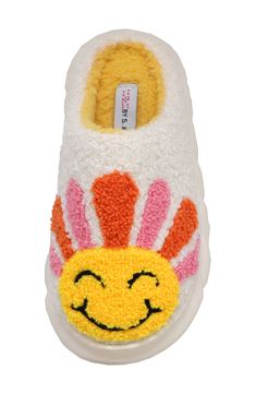 Curly textured faux shearling boosts the cozy look and feel of this plush slipper bursting with a cheery print. Textile faux shearling upper and lining/synthetic sole Imported Monkey Slippers, Fall Bathroom Decor, Concert Looks, Flip Flop Slippers, Clutch Pouch, Fragrance Gift Set, Sports Blazer, Sweaters And Leggings, Sandals Brands