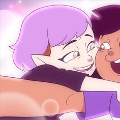 two cartoon characters hugging each other in front of a purple sky with stars on it