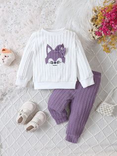 Purple  Collar Long Sleeve  Cartoon  Embellished Slight Stretch  Baby Girls Clothing Winter Matching Cotton Set, Playful Long Sleeve Matching Set, Cute Long Sleeve Matching Set Tops, Purple Long Sleeve Sets For Winter, Cute Purple Cotton Sets, Cute White Sets For Fall, White Long Sleeve Matching Pant Set, Playful Purple Long Sleeve Sets, Purple Long Sleeve Sets For Fall