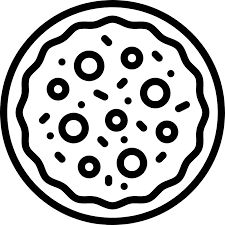 a black and white drawing of a pizza on a white background, with circles in the middle