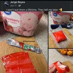 there is a bag of ice cream next to some fruit on the counter and in front of it are pictures of what appears to be strawberry ice cream