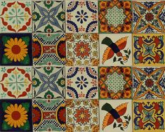 colorful tiles with different designs and colors on them, all arranged in the same pattern