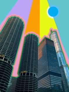 two tall buildings with different colored lines in the sky and one has a blue circle on it