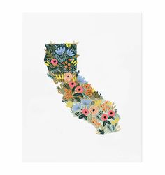 the california state map with colorful flowers on it in black framed paper, against a white background