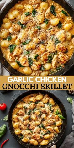 garlic chicken gnocchi skillet with spinach and tomatoes