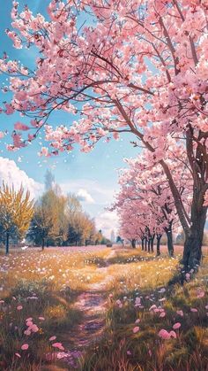 a painting of pink flowers on trees and grass