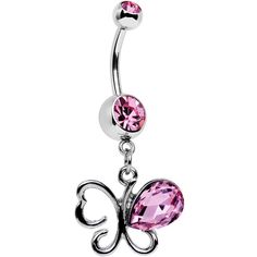 14 Gauge (1.6mm), 7/16" (11mm), 316L Surgical Grade Stainless Steel Curved Barbell, 5mm Ball End Let the wind take you wherever it will when you wear this beautiful dangle belly button ring. Made with a 7/16" surgical grade stainless steel curved barbell, this navel ring features pink top and bottom gems as well as a framework butterfly charm that dangles delicately and catches the light in a single pink gem-studded wing. Whether you are bashful yourself or in search of bright beauty this navel Pink Dangle Belly Rings For Gift, Pink Dangle Belly Rings As Gift, Pink Internally Threaded Belly Rings As Gift, Nickel-free Pink Belly Rings As Gift, Adjustable Nickel-free Pink Belly Rings, Internally Threaded Dangle Belly Rings, Belly Piercing Jewelry, Jewelry Promotion, Navel Jewelry