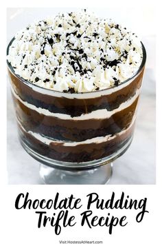 chocolate pudding trifle recipe in a glass dish with text overlay that reads, chocolate pudding trifle recipe