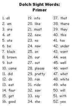 a screenshot of some words and numbers on a cell phone with the text dolch sight words primer