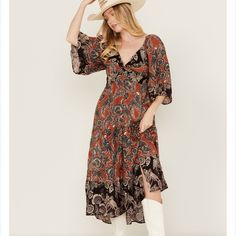 Very Cute With Elastic Panel Back And Cool Sleeve Detailing. Buttons Down Front. Midi. Higher On Sides Than In The Middle. Nwt. Floral And Paisley. First Image Is Stock Image For Fit & Styling. Boho, Festival, Float, Cottage Core, Babydoll, Sweetheart, Southwestern, Southwest 032624-Bscl09 Bohemian Paisley Print Midi Dress For Fall, Bohemian Midi Dress With Paisley Print, Bohemian Paisley Print Patterned Midi Dress, Flowy Bohemian Midi Dress With Paisley Print, Bohemian Maxi Dress With Ruffle Hem For Fall, Bohemian Brown Midi Dress With Ruffles, Bohemian Floral Print Peasant Dress For Fall, Bohemian Floral Peasant Dress For Fall, Bohemian Patterned Midi Dress For Fall