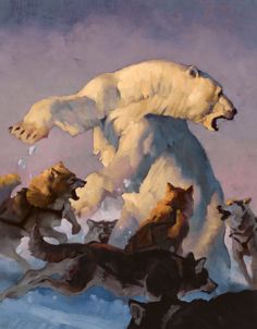 an oil painting of polar bears chasing each other