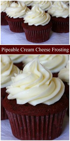 cupcakes with cream cheese frosting on top are shown in three different pictures