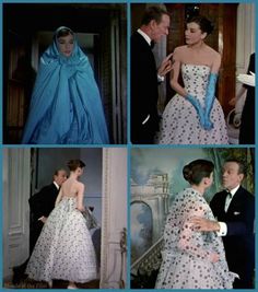 four pictures of people dressed in formal wear, one wearing a blue dress and the other wearing a white polka dot gown