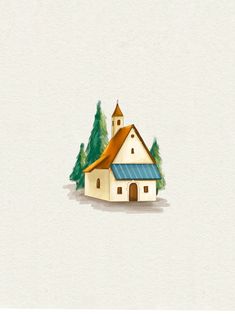 an illustration of a church surrounded by trees