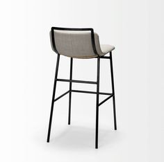 an upholstered bar stool with black frame and grey fabric seat, viewed from the front