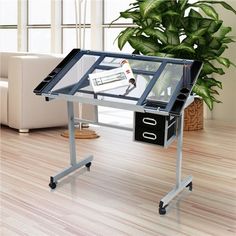 an office desk with a glass top and metal frame on wheels, in front of a large potted plant