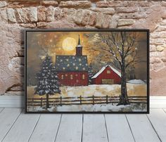 a painting of a red barn in winter with snow on the ground and trees around it