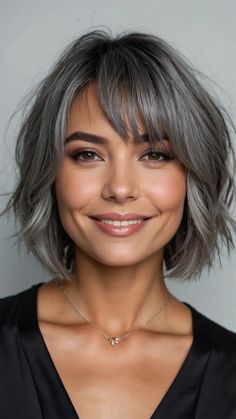 Discover Your Next Look: 15 Stunning Grey Bob Hairstyles 36 Gray Shaggy Bob Hairstyles, Grey Hair With Fringe, Ash Blonde Highlights On Dark Hair Short, Grey Hair Fringe, Medium Length Grey Hair, Bangs Grey Hair, Blonde Highlights On Dark Hair Short, Grey Bobs, Lilac Grey Hair