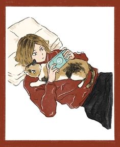 a drawing of a woman laying in bed with her cat and dog on her lap