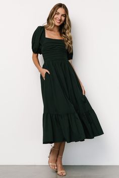 Andrea Pleated Midi Dress | Forest Green - Baltic Born Florentine Neckline, Dark Green Midi Dress, Cocktail Jumpsuit, Baltic Born, Forest Green Color, Fall Winter Dresses, Shawl Cardigan, Pleated Bodice, Romper Outfit