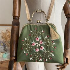 Handmade floral bag Luxury Embroidered Shoulder Bag, Vintage Green Mobile Phone Bag, Traditional Handmade Bag For Spring, Traditional Handmade Bags For Spring, Handmade Spring Pouch Shoulder Bag, Handmade Spring Pouch Bag, Handmade Pouch Shoulder Bag For Spring, Vintage Bags With Floral Embroidery For Daily Use, Spring Rectangular Shoulder Bag With Floral Embroidery