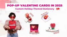 a woman holding up a valentine's day card in her hands with other items