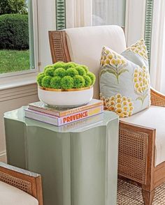 there is a green plant on top of a table in front of a couch and window