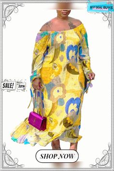 Off Shoulder Printed Casual Maxi Dresses Casual Long Sleeve Maxi Dress For Beach Season, Casual Yellow Long Sleeve Maxi Dress, Yellow Maxi Dress For Vacation, Fall Vacation Maxi Dress Non-stretch, Non-stretch Maxi Dress For Fall Vacation, Casual Beach Maxi Dress For Fall, Casual Maxi Dress For Beach In Fall, Yellow Non-stretch Casual Maxi Dress, Casual Yellow Non-stretch Maxi Dress