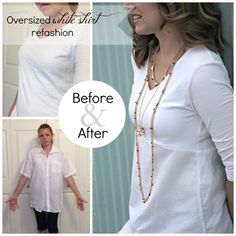 a woman in white shirt and black pants with necklaces on her neck, before and after