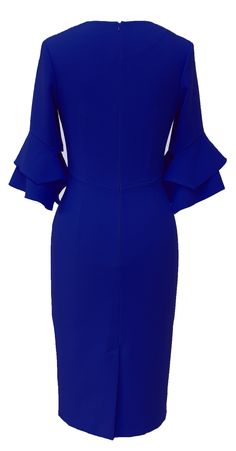 Mellaris Susan Dress DRC318 Cobalt Blue Crepe This figure hugging dress is no ordinary design, with unique detailing including the neckline and layered ruffle sleeves makes this modern design a one of a kind. The Susan dress, is a bold design for the modern woman. Perfect for work or any formal occasion, this dress is a must have within your wardrobe this season. -Fully Lined -sleeve Detail -Knee Length Wash Care: Hand Wash Separately, Dry Clean Gentle Main Fabric Composition: 92% Polyester, 8% Blue Ruffle Sleeve Workwear Dresses, Blue Ruffle Sleeve Dress For Work, Blue Ruffle Sleeve Dress, Blue Ruffle Sleeve Party Dress, Blue Ruffle Sleeve Dress For Party, Blue Ruffled Midi Dress For Office, Blue Ruffled Mini Dress For Work, Blue Ruffle Mini Dress For Work, Blue Midi Dress With Ruffle Sleeves