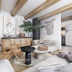 a living room filled with white furniture and wooden beams on the ceiling, next to a kitchen