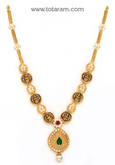 22 Karat Gold 'Lakshmi' Necklace with Cz, Color Stones & Japanese Culture Pearl (Temple Jewellery) - 235-GN4236 - in 17.800 Grams for USD $1479.39. 
Made in India by Totaram Jewelers Online this product is in Gold - 22 Karat BIS Hallmark 916 KDM Gold  & is an excellent gift for Adult - Women. Ships fully insured with secured guaranteed delivery for free with your order over $250 from New Jersey USA & comes with 30 days exchange policy. Luxury Yellow Gold Temple Necklace For Anniversary, Luxury Brass Temple Necklace, Elegant Luxury Yellow Temple Necklace, Luxury Yellow Gold Temple Necklace With Gemstones, Traditional Brass Temple Necklace, Luxury, Luxury 22k Gold Temple Necklace For Puja, Pearl Temple Jewellery, 22k Gold Necklace, Temple Jewelry Necklace