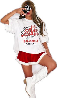 Pre-shrunk White Christmas Shirt, White Letter Print Shirt For Holiday, White Custom Print Christmas Tops, White Christmas Tops With Custom Print, White Pre-shrunk Christmas Tops, White Christmas Shirt With Letter Print, White Christmas Letter Print Shirt, Custom Cheer Shirts, Cheer Shirt