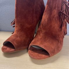 Brand New Open Toe Suede Booties With 3 1/2 Inche Heel Orange Round Toe Heels With Stacked Heel, Orange Suede Heels With Round Toe, Orange Closed Toe Heels For Fall, Orange Open Toe Heels For Fall, Open Toe Boots, Gold Boots, Suede Belt, Stiletto Boots, Black Leather Ankle Boots