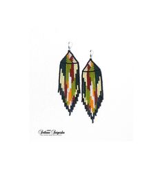 Native american Indian earrings Huichol earrings Colorful earrings American indian Indian jewelry Native beaded Native earrings Mexican beaded Long earrings Native indian Tribal earrings Camouflage earrings These colorful beaded earrings in Indian style are made from selected Czech beads of natural, autumn colors. These earrings are not authentic Native American earrings, but are made according to my author's design. I was inspired to create these earrings by the bright and colorful culture of t Handmade Southwestern Green Earrings, Traditional Multicolor Jewelry With Beaded Fringe, Artisan Beaded Fringe Earrings For Jewelry Making, Southwestern Beaded Fringe Dangle Earrings, Southwestern Style Beaded Fringe Dangle Earrings, Southwestern Green Dangle Earrings, Artisan Beaded Fringe Earrings For Gifts, Artisan Beaded Fringe Earrings As Gift, Unique Multicolor Jewelry With Beaded Fringe