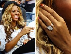 a woman with long blonde hair sitting next to another woman wearing a ring on her finger