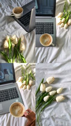 two laptops on a bed with flowers and coffee mugs in front of them