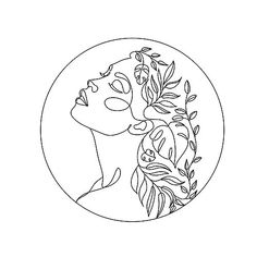 a black and white drawing of a woman's face with leaves on her head