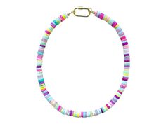 "This stunning striped multicolor gemstone heishi bead candy necklace is beautiful by itself and also great for layering with other necklaces!! Either way you wear it, this necklace is a fun POP of color!! Handmade with 7mm gemstone heishi beads with a gold carabiner clasp.  Length is 17.5\". You can add charms to the clasp for a personalized POP of fun!!" Multicolor Single Strand Heishi Beads Necklaces, Colorful Heishi Bead Necklaces For Gifts, Multicolor Heishi Beads Jewelry With Colorful Beads, Multicolor Heishi Beads Necklace With Beaded Chain, Multicolor Single Strand Heishi Beads Necklace, Multicolor Heishi Beads Necklace, Colorful Heishi Beads Jewelry With Letter Beads, Multicolor Heishi Beads Round Necklaces, Rainbow Heishi Beads For Jewelry Making